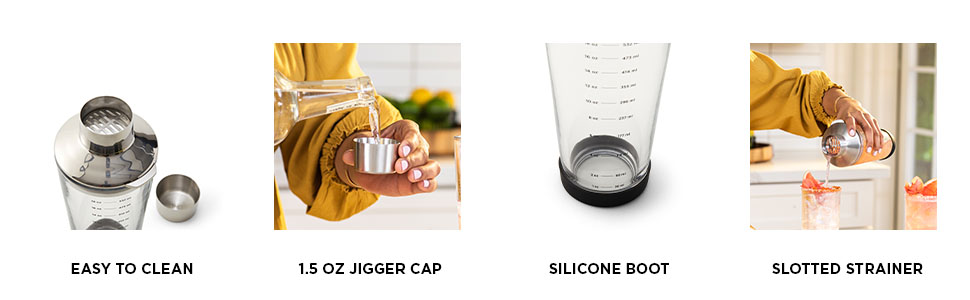 18 oz glass cocktail shaker with 1.5 oz jigger cap