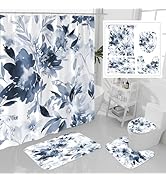 Litabel 4 Pcs Navy Watercolor Floral Shower Curtain Sets with Rug, Toilet Lid Cover and Bath Mat,...