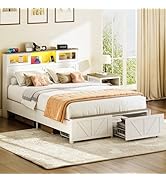 Yoobure Full Size Bed Frame with Headboard, Full Bed Frame with Charging Station, LED Beds with 2...