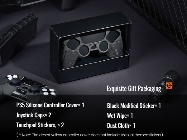 Text reads 'Exquisite Gift Packaging', 'PCS Silicone Sleeve', 'Black Modified Jacket', 'Web Wipe', 'Joystick Caps', 'Dustplug', 'Touchpad Stickers'. Black product packaging with white text showing gaming accessory components.