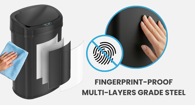 iTouchless stainless steel trash can with fingerprint-resistant, rust-proof coating.