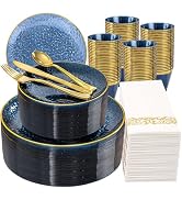 DaYammi 350PCS Blue Plastic Dinnerware Set, Plastic Plates Disposable Hammered Disposable Plates ...
