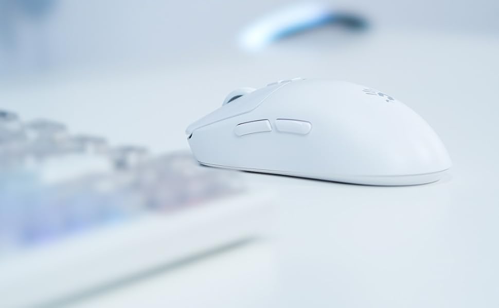 Bloody R72 Ultra White wireless gaming mouse with mechanical keyboard desk setup