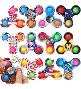 Collection of colorful push pop fidget toys featuring various patterns and designs in bubble shapes with American flag and other motifs.