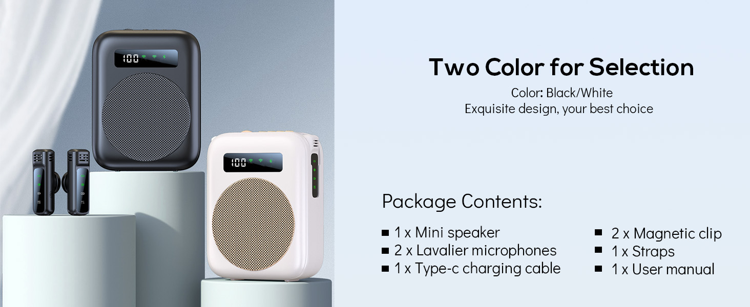 Text reads 'Two Color for Selection' and 'Package Contents:'. Product display showing minimalist appliances in neutral colors against grey background.