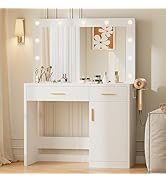 Sweetcrispy Vanity Desk with Mirror and 11 LED Lights, Makeup Vanity Table with Charging Station ...