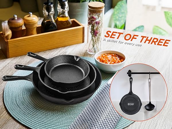 3 different cast iron skillets for 3 different dishes. Versatility is the spice of life!