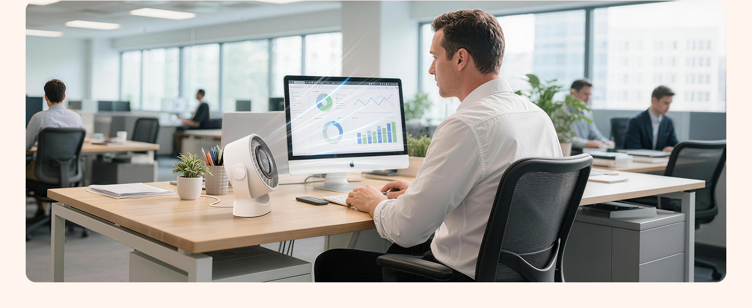 Office setting with person working at desk, viewing data or charts on computer monitor in modern workspace with glass walls.
