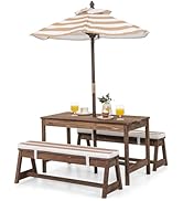 HONEY JOY Kids Picnic Table, Outdoor Wooden Table &amp; Bench Set w/Removable Cushions and Umbrella, ...