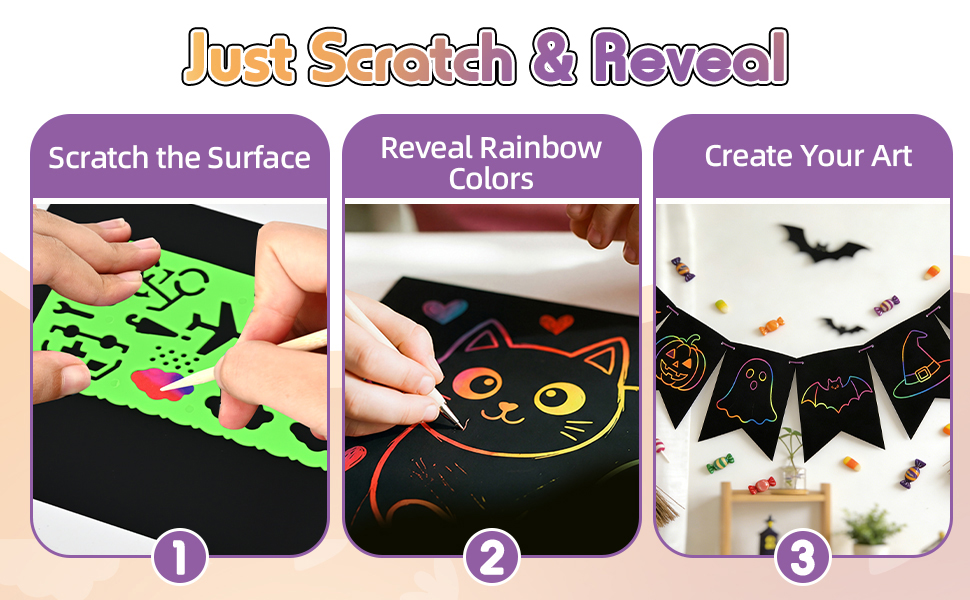 Scratch with the stylus on scratch paper for kids to reveal colorful magic scratch art.