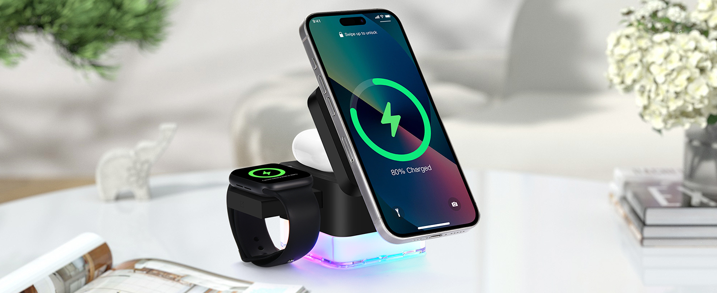 Wireless Charger Charging Station Cube 3 in 1 MagSafe Charger Stand for iPhone AirPods Apple Watch