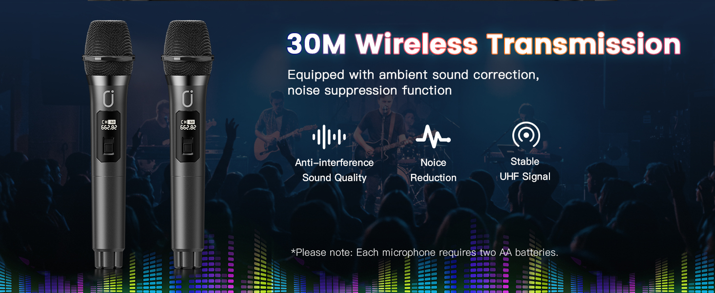 Bluetooth 5.3 wireless UHF microphone provides a stable connection up to 30 meters.