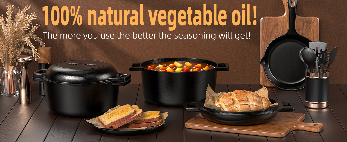 Pre-Seasoned Cast Iron Dutch Oven Pot with Skillet Lid