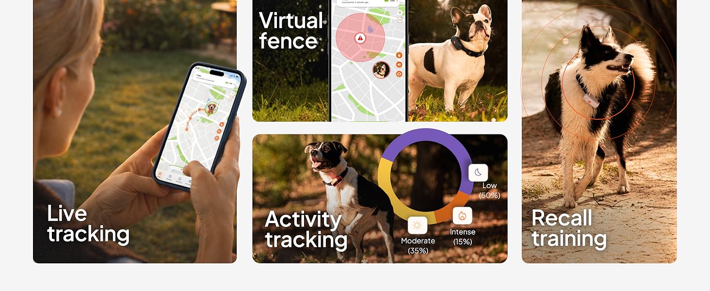 Text reads 'Virtual', 'Live', 'Activity', 'tracking', 'training', 'Recall'. Collection of lifestyle and fitness activity images showing mobile app interface and outdoor activities.