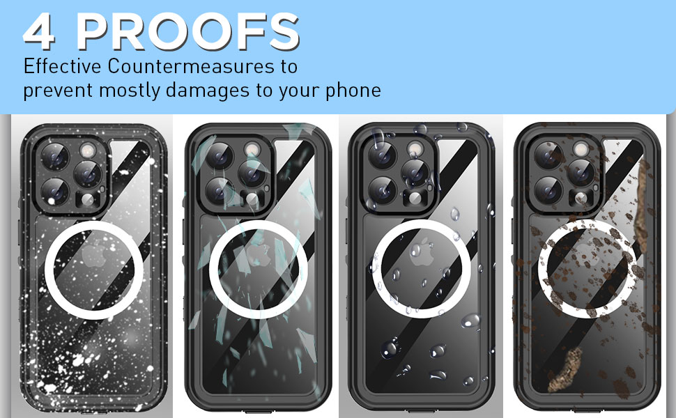 Four demonstration panels showing phone case durability tests including water resistance, impact protection, and damage prevention features.