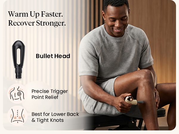 Man uses the bullet head on his lower leg beside a close-up of the targeted attachment.