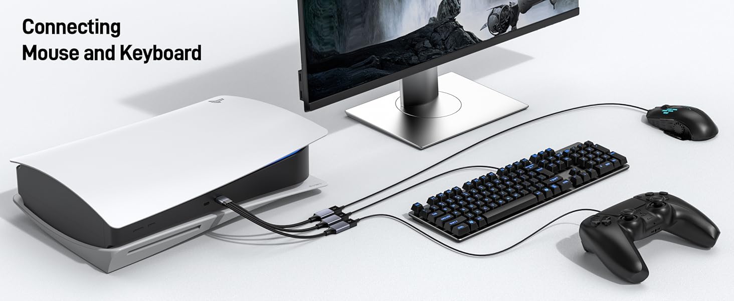 Text reads 'Connecting Mouse and Keyboard'. Shows multiple computer peripherals including keyboard, mouse, and game controller connected to a central hub.