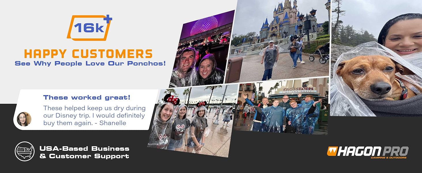 Customers wearing ponchos at theme parks and outdoor locations