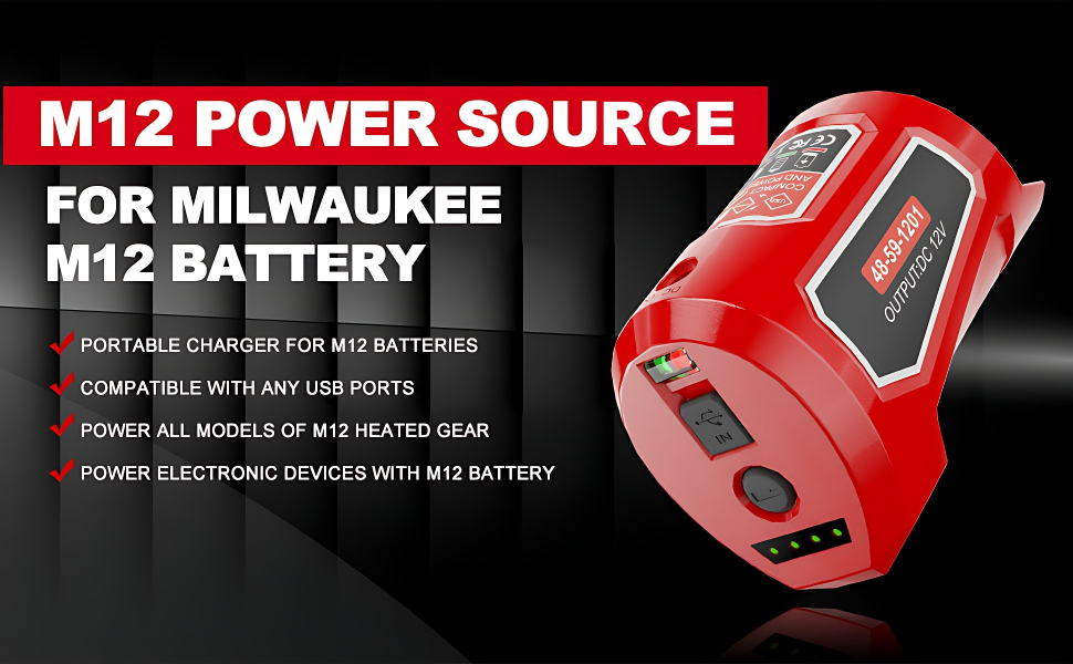 12V Portable Power Source for Milwaukee M12 Battery Adapter for Milwaukee Heated Jacket