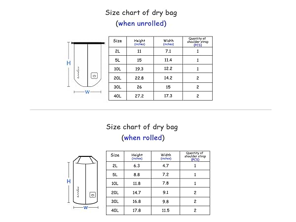 Size Chart of OMGear waterproof dry sack