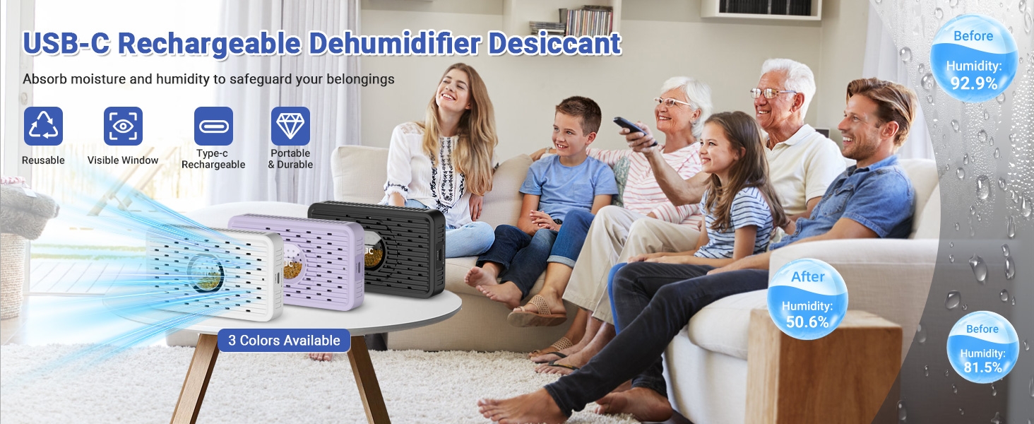 Auto Power-off USB C Rechargeable Gun Safe Dehumidifier Desiccant