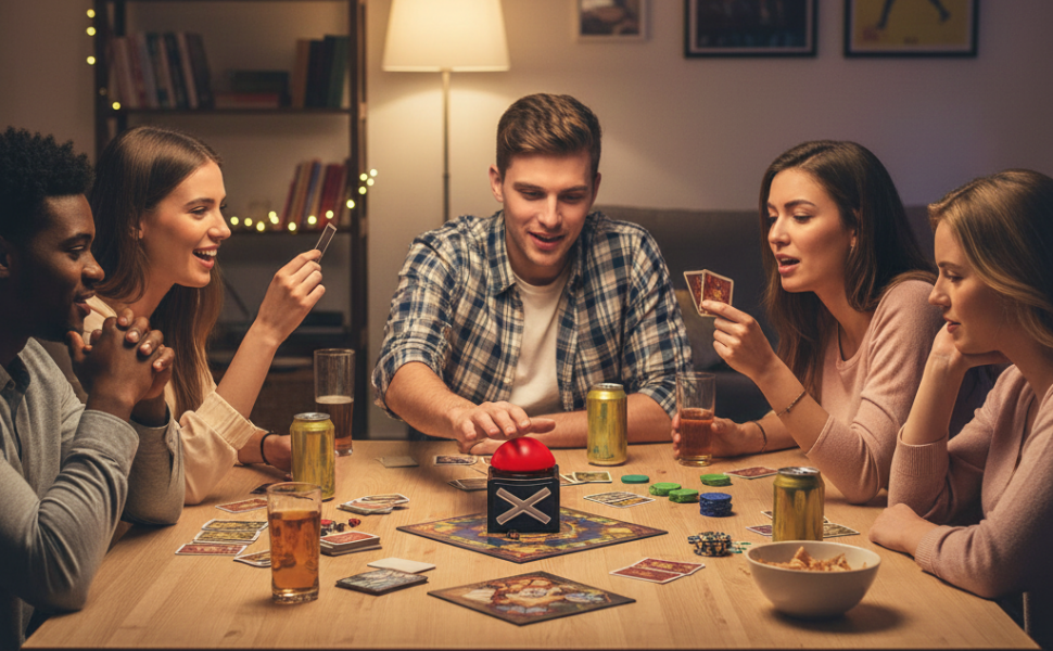 Indoor gathering scene showing multiple people around a table with drinks and snacks, lit by warm ambient lighting and string lights in the background.