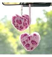 YGMONER Leopard Fuzzy Heart Car Mirror Hanging Accessories, Pair of Fluffy Cheetah Heart Shape