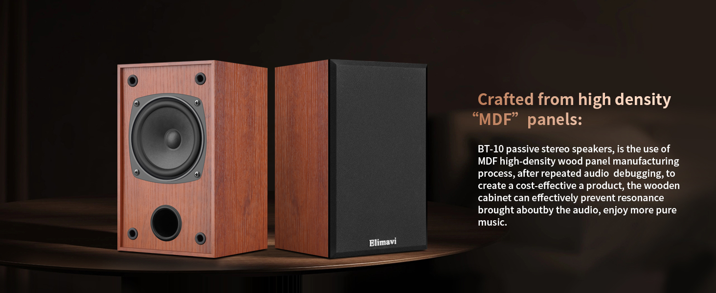 The passive stereo speakers are designed in a wood grain color