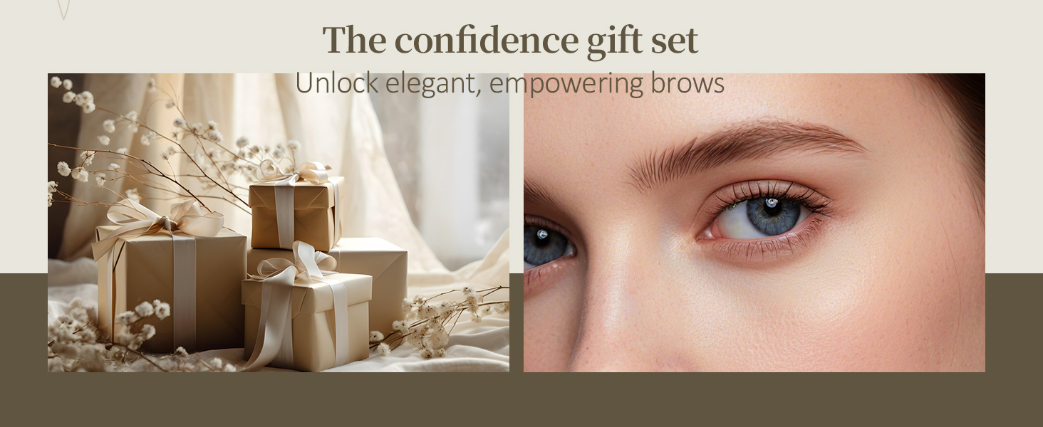 Text reads 'The confidence gift set' showing wrapped gift packages in neutral tones with decorative elements.