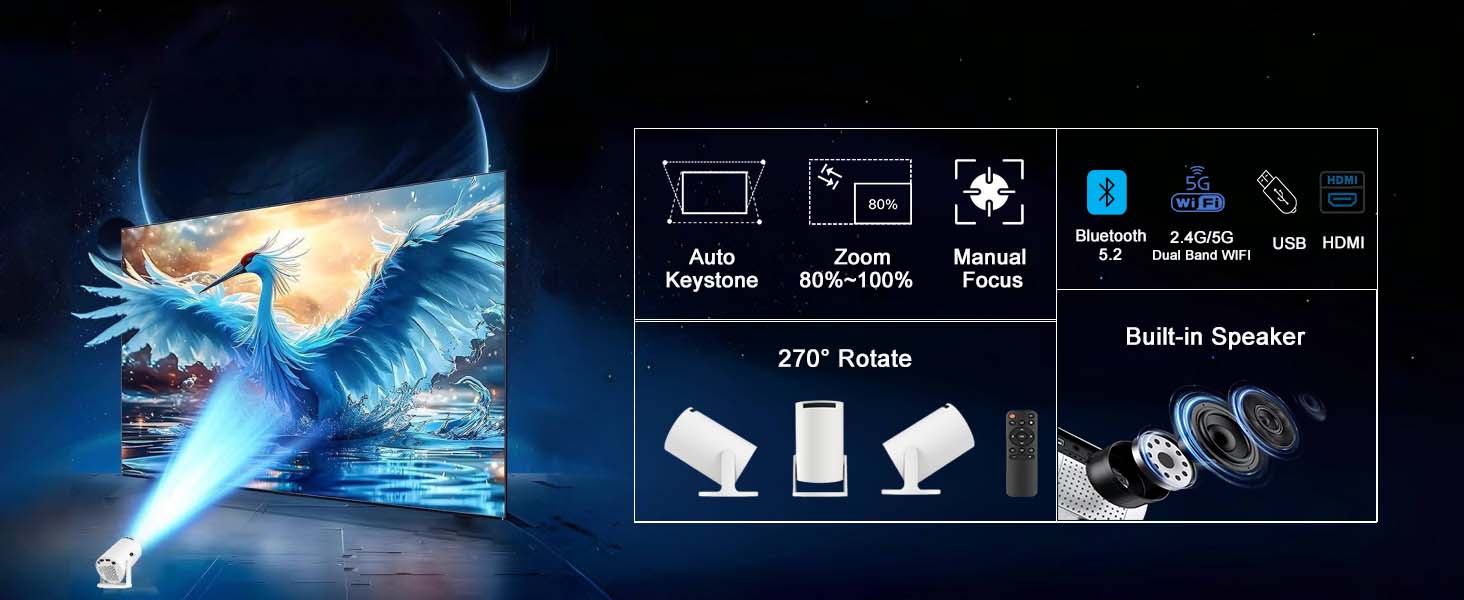 Mini Projector Auto Focus Ultra Short Throw Projector Wireless Portable Wall Ceiling Mount Projector