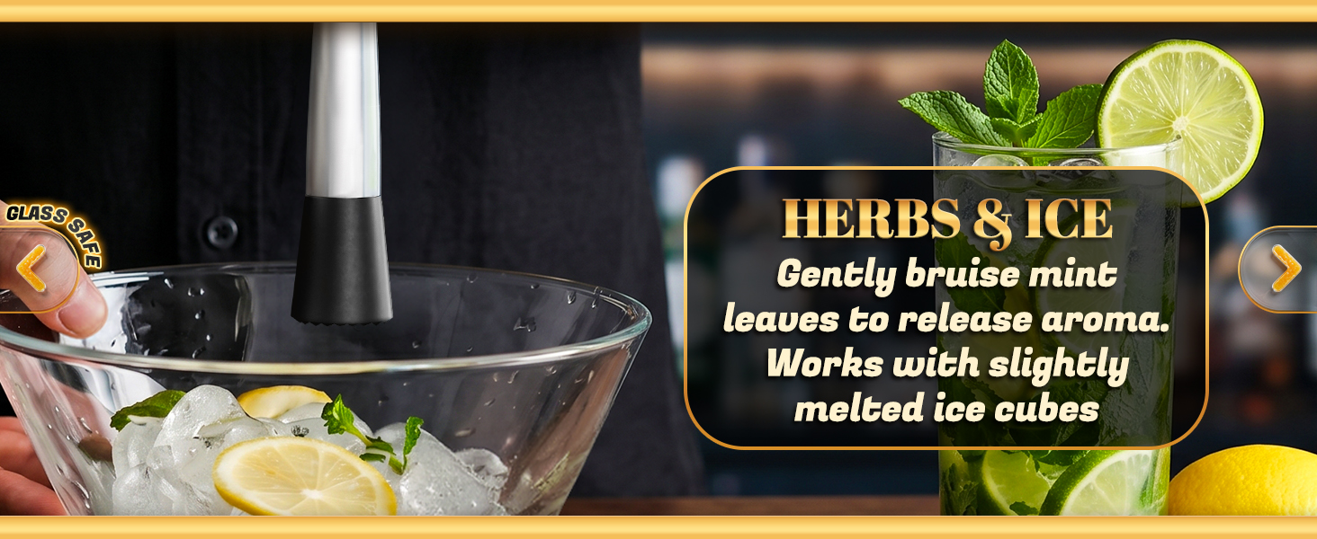 lemon smasher used in bowl with ice herbs and lemon slices for drink preparation