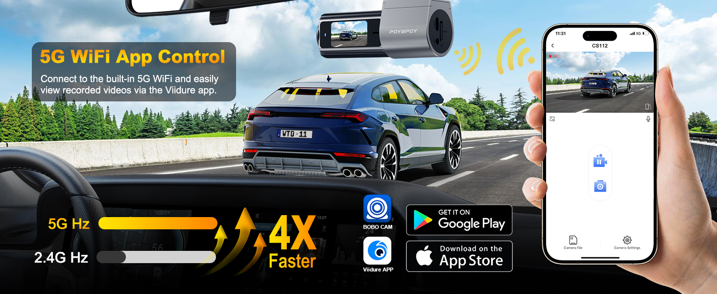 Dashboard camera product showcasing WiFi app control. Images of a car, smartphone app interface, and technical specifications displayed.