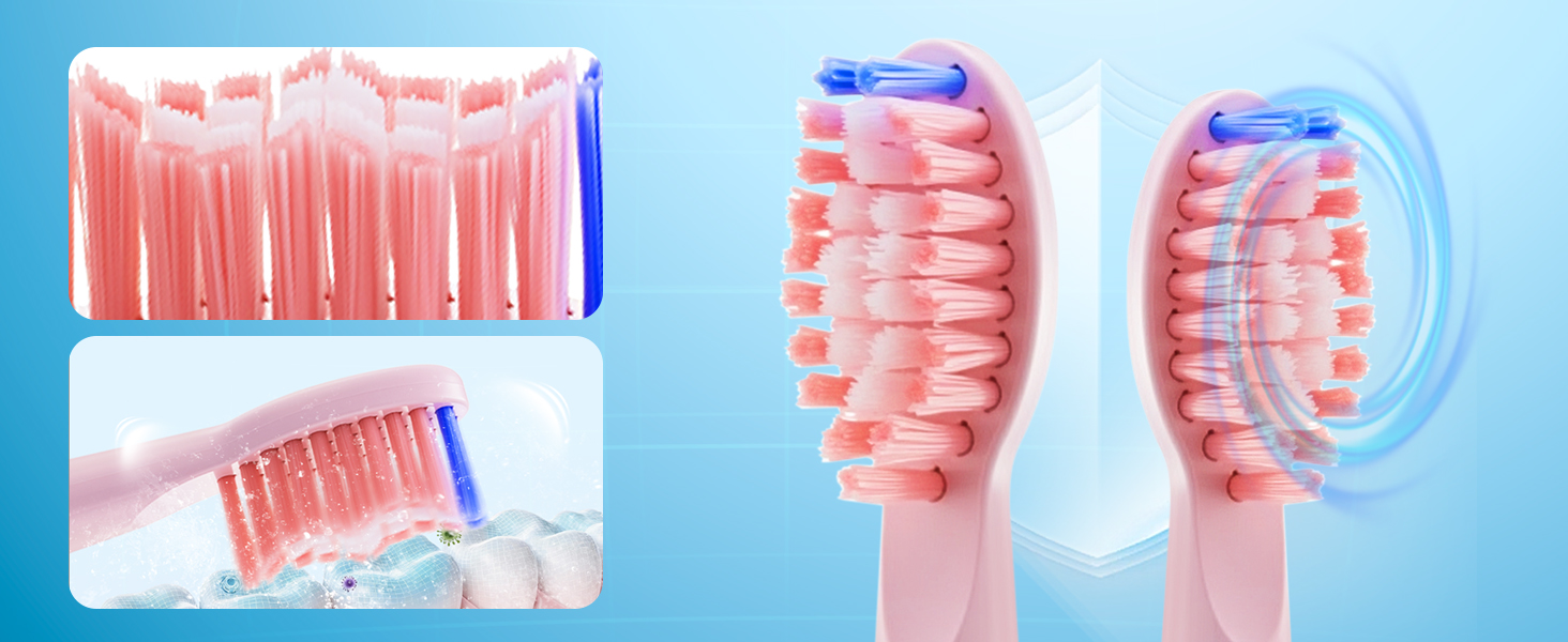 Multiple views of pink dental or orthodontic devices against light blue backgrounds, showing different angles and configurations.