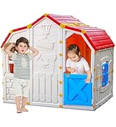 HONEY JOY Outdoor Playhouse, Cottage Toddler Play House w/Working Door, Windows, Shutters, Large ...