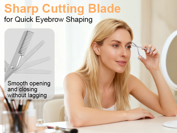 Text reads 'Sharp Cutting Blade for Quick Eyebrow Shaping' and 'smooth opening and closing without tugging'. Product demonstration showing eyebrow grooming technique.