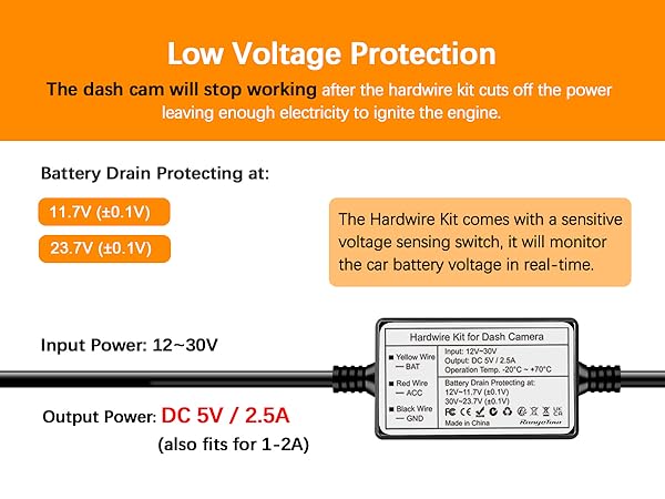 Range Tour Dash Cam Hardwire Kit USB-C Port, 5V/2.5A (also suitable for 1- 2A)