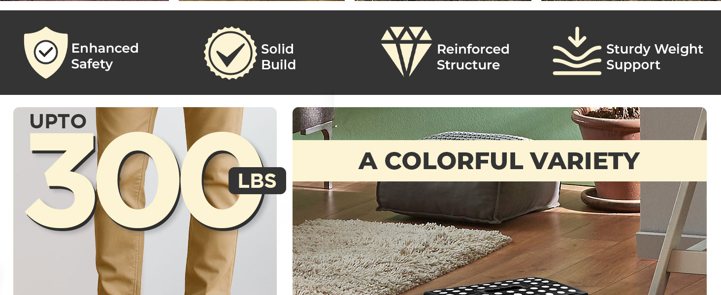 Product features highlighted: Enhanced safety, solid build, reinforced structure, and sturdy weight support. Image shows '300 LBS' text and mentions 'A COLORFUL VARIETY', with partial views of furniture and flooring.
