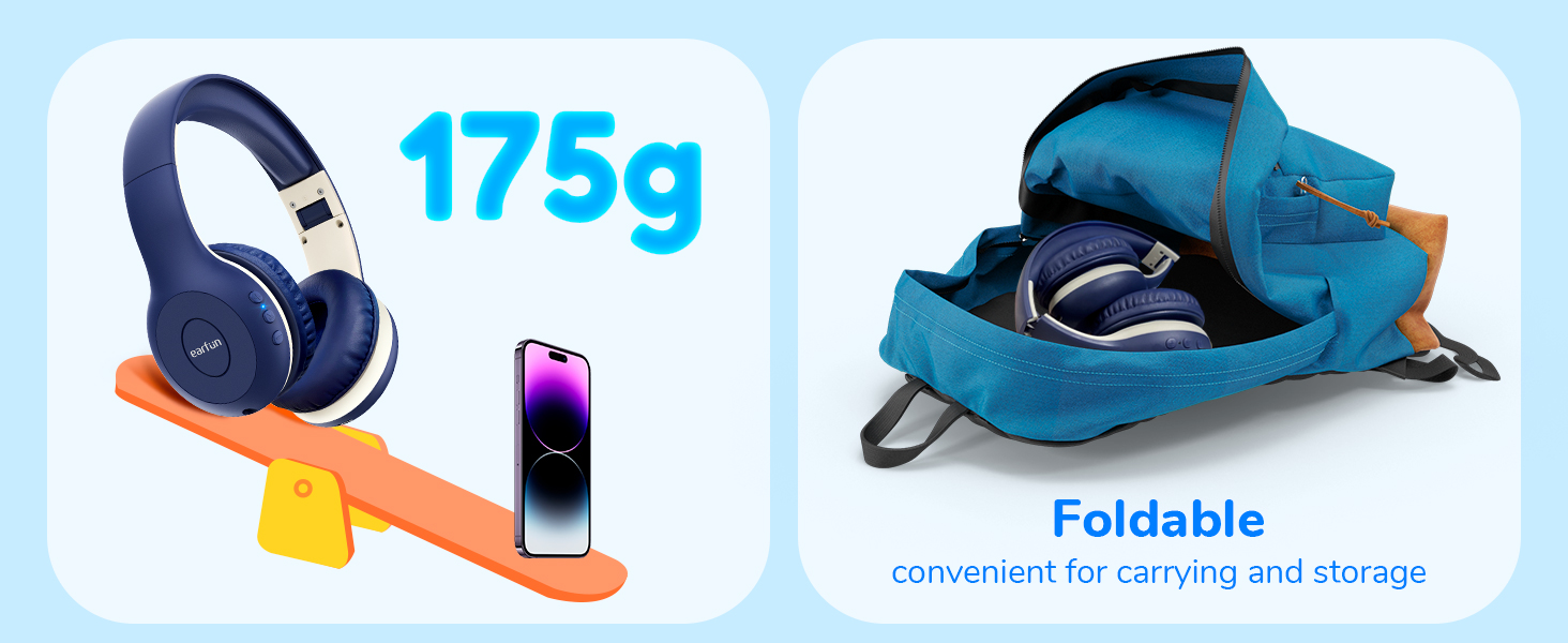 Over-ear headphones and smartphone on orange seesaw, with '175g' text. Blue foldable carrying case for headphones shown, labeled 'Foldable' for convenient storage and transport.