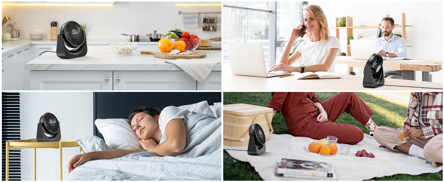 Black oscillating fan shown in various home settings: kitchen counter, bedroom, and outdoor picnic, demonstrating its versatility and portability.