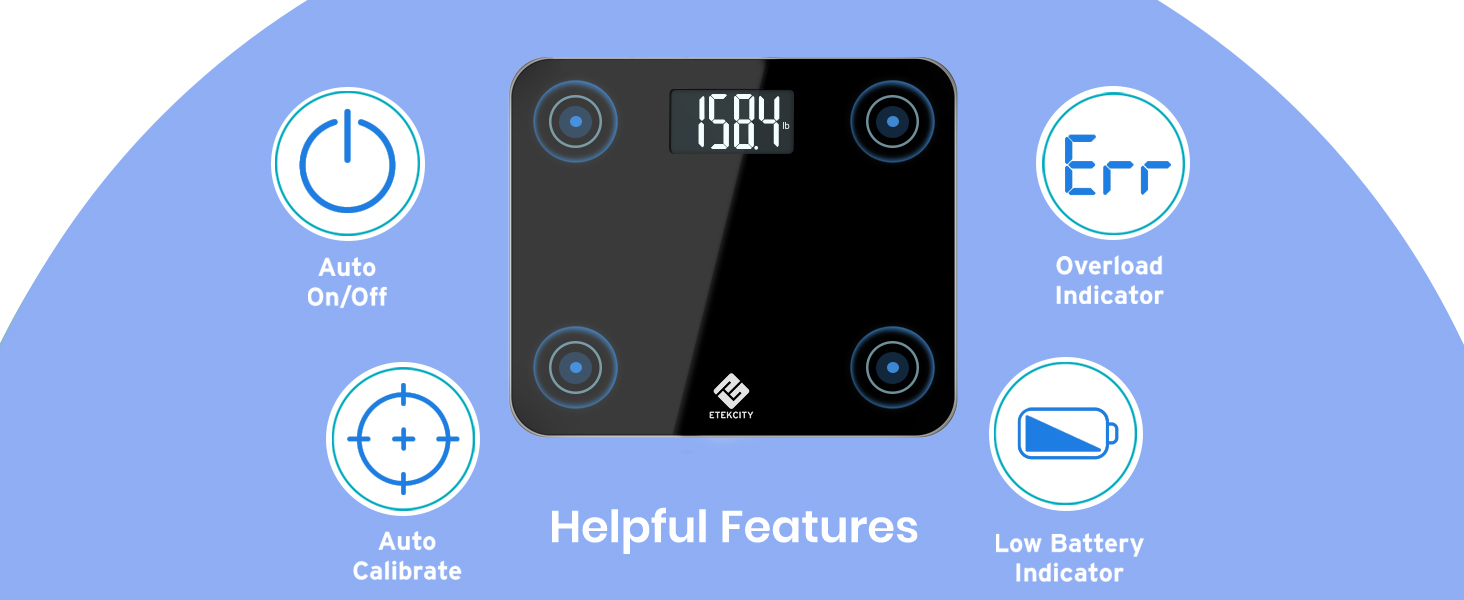 helpful features include auto on/off, auto calibrate, overload indicator and low battery indicator