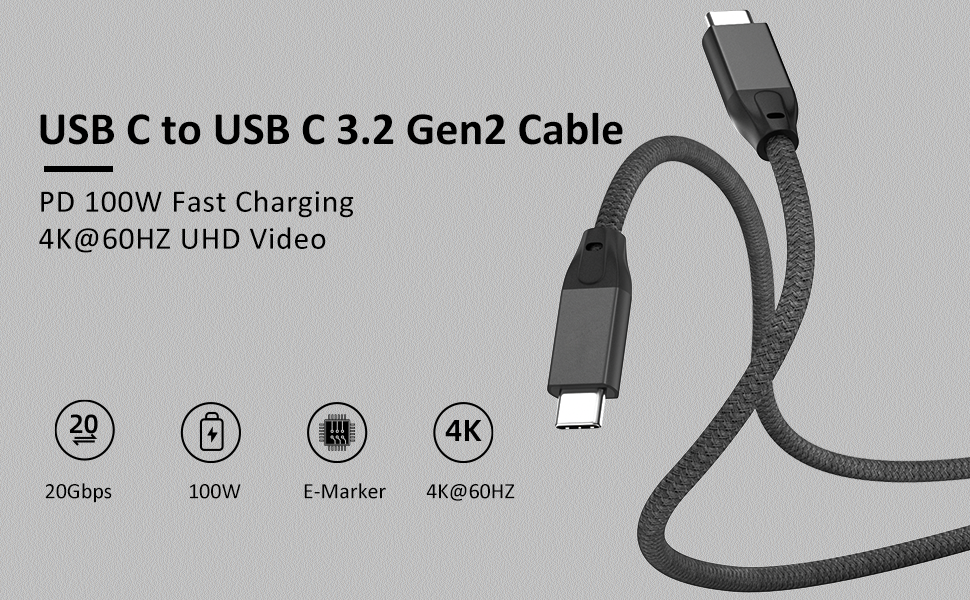 usb c to usb c 3.2 3.1 gen2 20gbps 10gbps cable 100w 20v 5a 4k@60hz