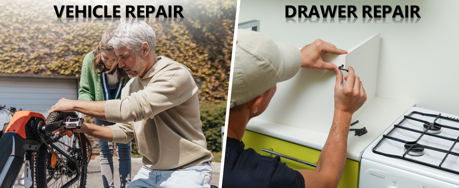Split image showing repair services: on left, someone working on bicycle maintenance outdoors; on right, hands fixing drawer hardware against white cabinet.