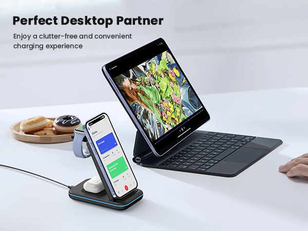 GEEKERA 3 in 1 Wireless Charging Station Foldable Wireless Charger Stand for Multiple Apple Devices