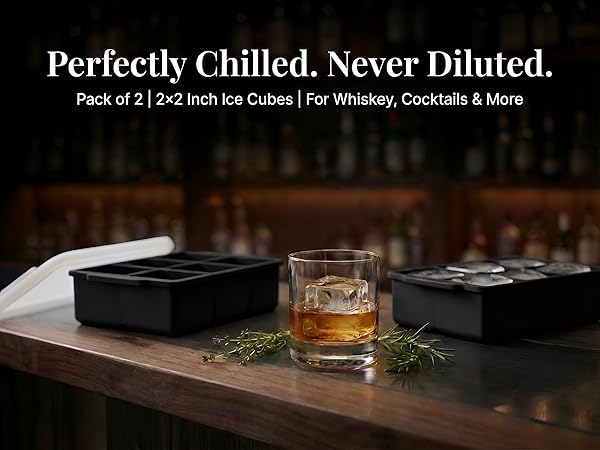 two ice trays with glas of whiskey