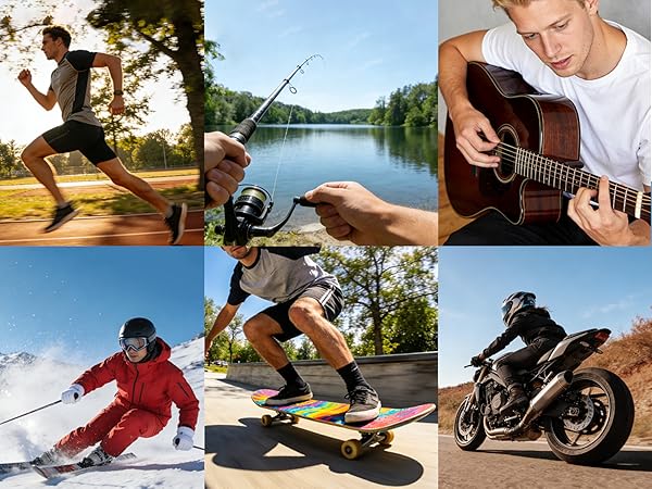 Collage of outdoor action sports images showing various activities including skiing, motorcycling, and water sports in natural settings.