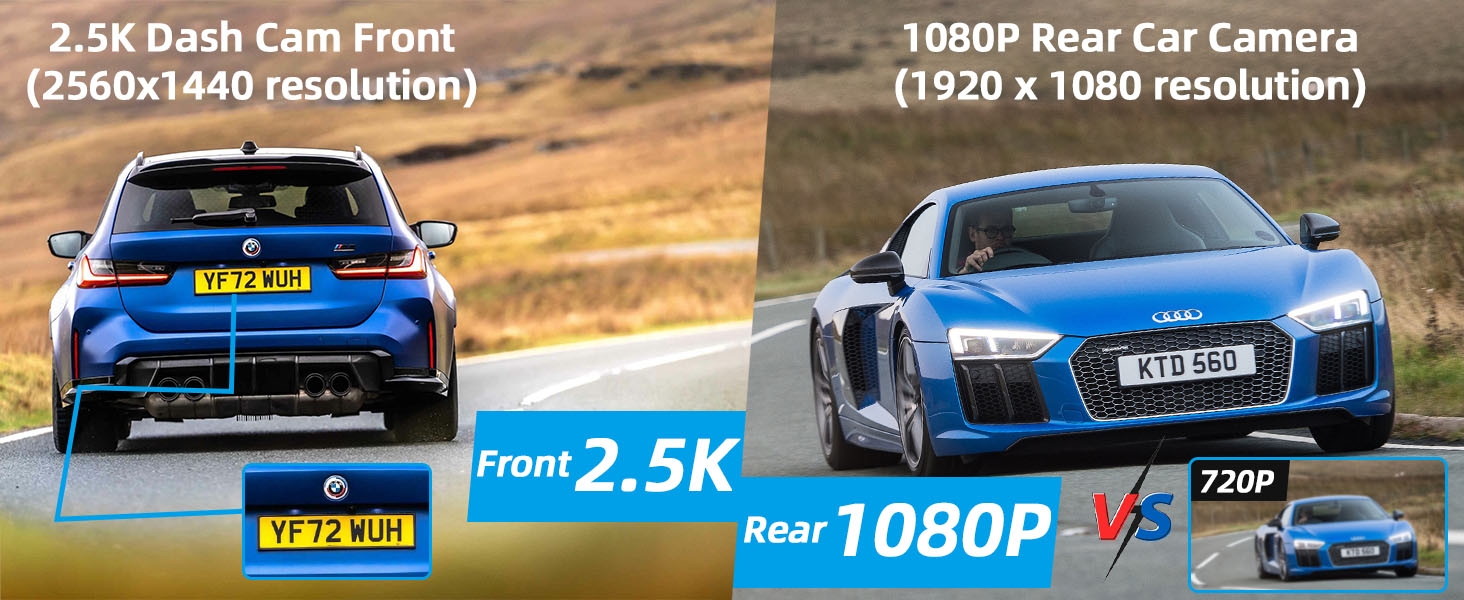 Split image comparing car cameras: 2.5K front dash cam (2560x1440) and 1080P rear camera (1920x1080). Blue sports cars shown in both views.