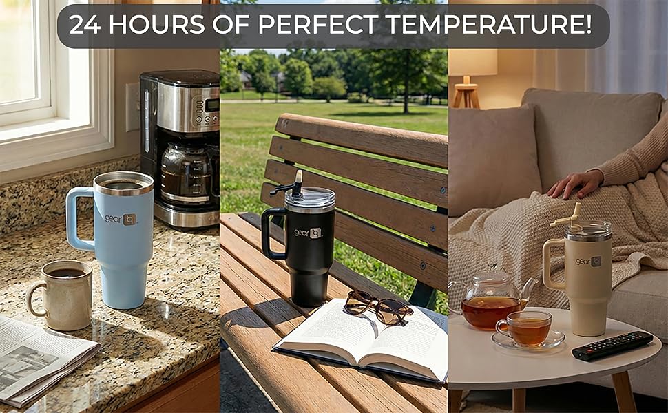 GEAR IQ 40oz insulated tumbler keeps drinks cold for 24 hours, hot for 8 to 12 hours for all-day use