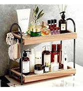 2-Tier Perfume &amp; Makeup Organizer with 8 Jewelry Hooks, Eco-Coated Paulownia Wood Vanity Tray for...