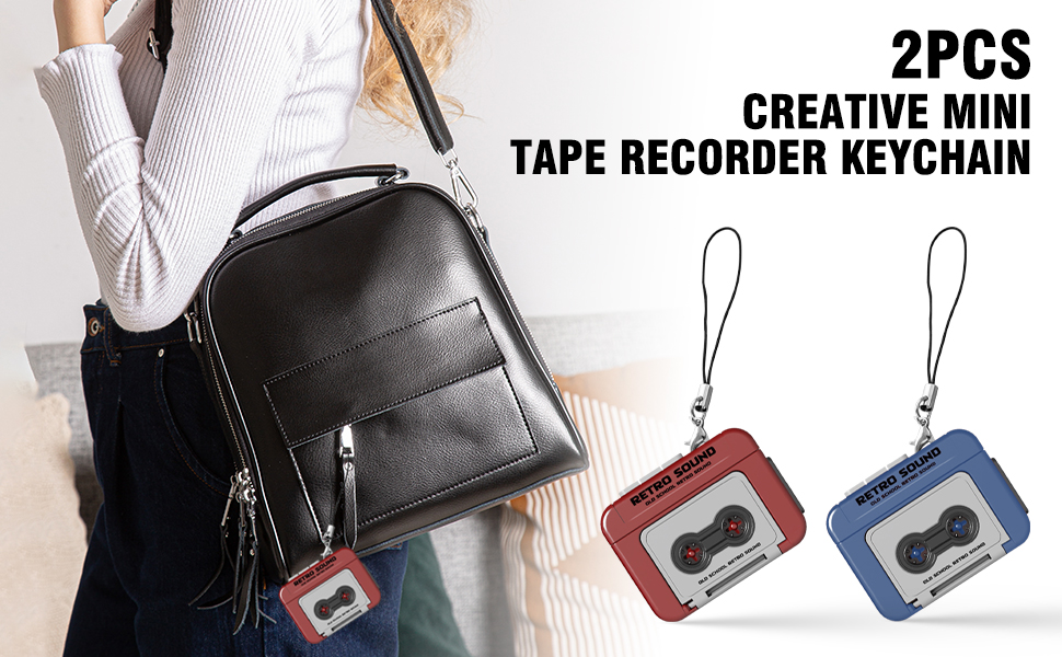 2 Pcs Creative Mini Tape Recorder Keychain Retro Cassette Player Portable Keychain Gifts