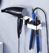 Wall-mounted black hair dryer holder with blue utility hooks, providing organized storage for styling tools and accessories.